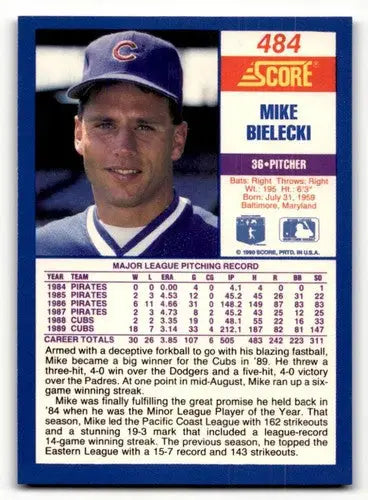 Original gloss Mike Bielecki baseball card from 1990 Score #484 displayed in simply Sandoval