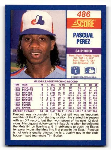 Original gloss Pascual Perez baseball card from 1990 Score #486 featuring Simply Sandoval