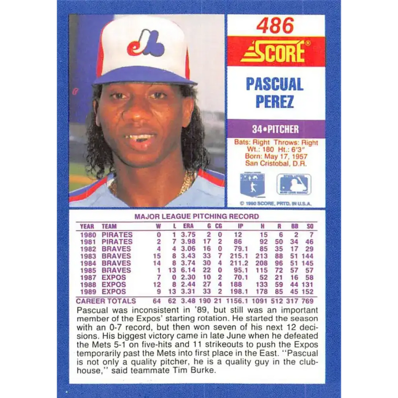 1990 Score #486 Pascual Perez NM-MT Montreal Expos Baseball Card - Baseball Card Single