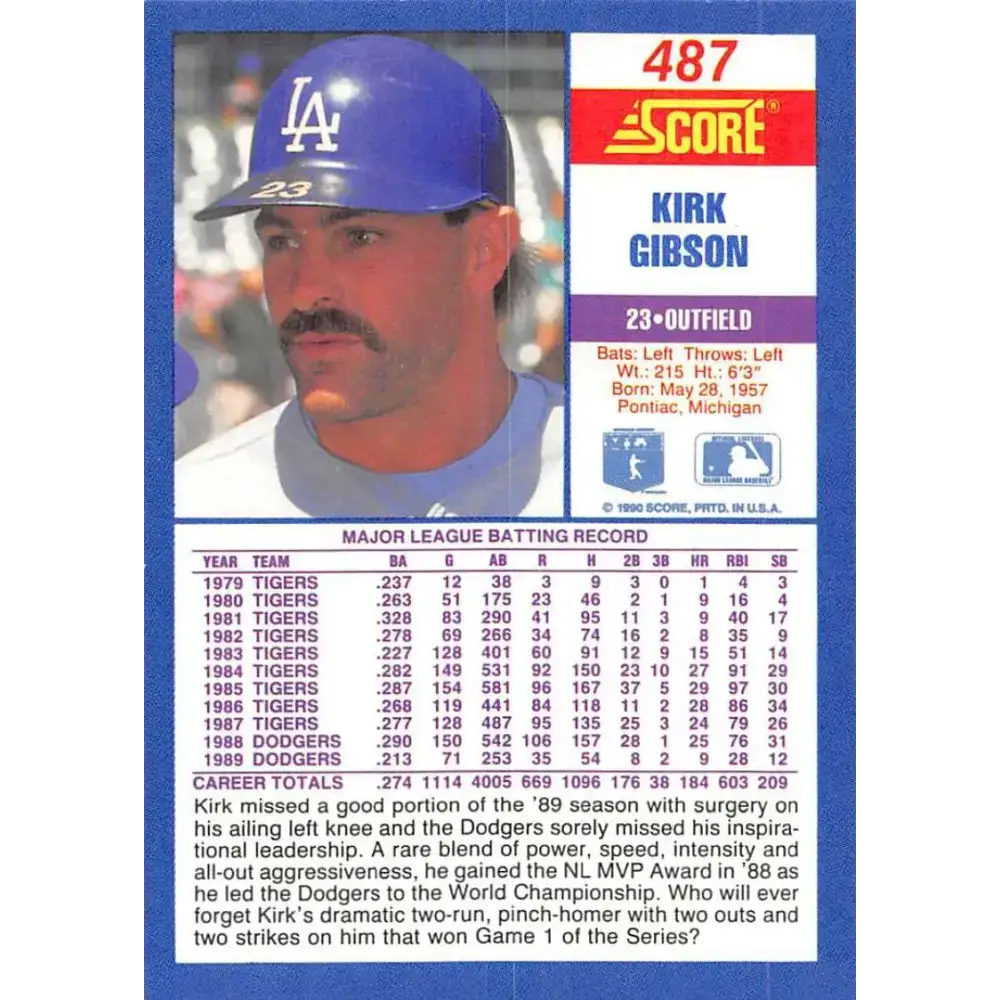 1990 Score #487 Kirk Gibson NM-MT Los Angeles Dodgers Baseball Card - Baseball Card Single