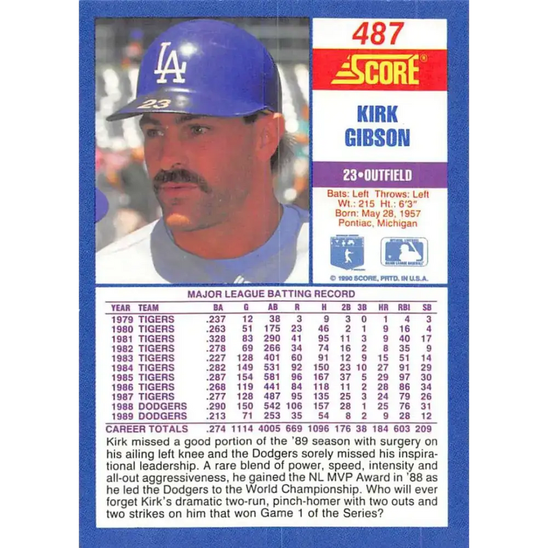 1990 Score #487 Kirk Gibson NM-MT Los Angeles Dodgers Baseball Card - Baseball Card Single