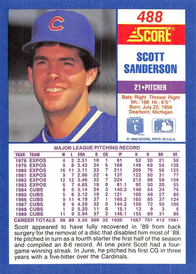 1990 Score #488 Scott Sanderson EX Excellent Chicago Cubs Baseball Card - Baseball Card Single