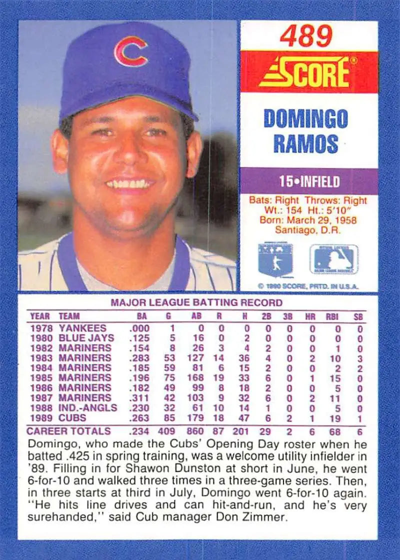 1990 Score #489 Domingo Ramos EX Excellent Chicago Cubs Baseball Card - Baseball Card Single