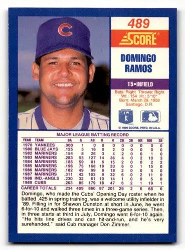 Original gloss Domingo Ramos baseball card from 1990 Score #489 featuring Simply Sandoval