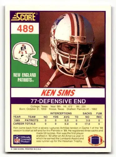 Original gloss 1990 Score Ken Sims Patriots football card from Patriots football cards collection