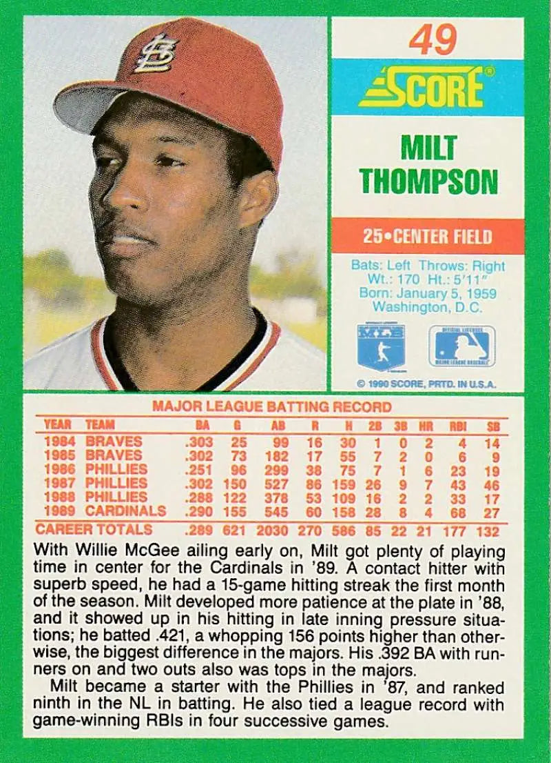 1990 Score #49 Milt Thompson EX Excellent St. Louis Cardinals Baseball Card - Baseball Card Single