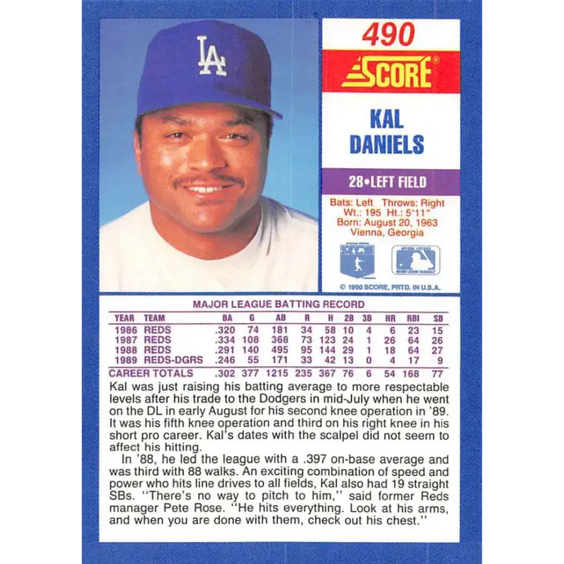 1990 Score #490 Kal Daniels NM-MT Los Angeles Dodgers Baseball Card - Baseball Card Single