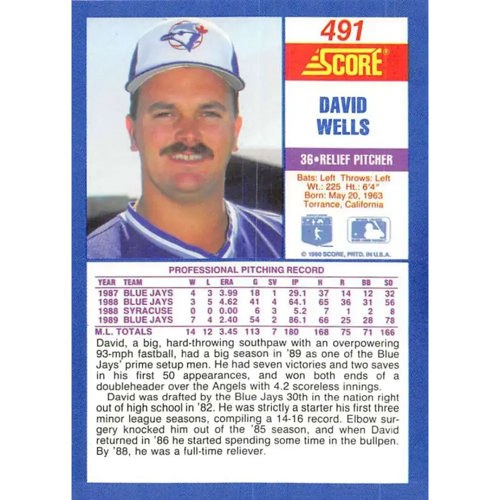 1990 Score #491b David Wells COR NM-MT Toronto Blue Jays Baseball Card - Baseball Card Single