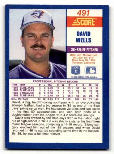 1990 Score #491b David Wells Toronto Blue Jays Baseball Cards EX/NM ID:58544 - Baseball Card Single