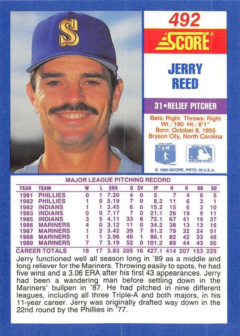 1990 Score #492 Jerry Reed EX Excellent Seattle Mariners Baseball Card - Baseball Card Single