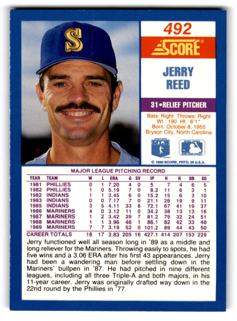 1990 Score #492 Jerry Reed NM-MT Mariners ID:70022 - Baseball Card Single
