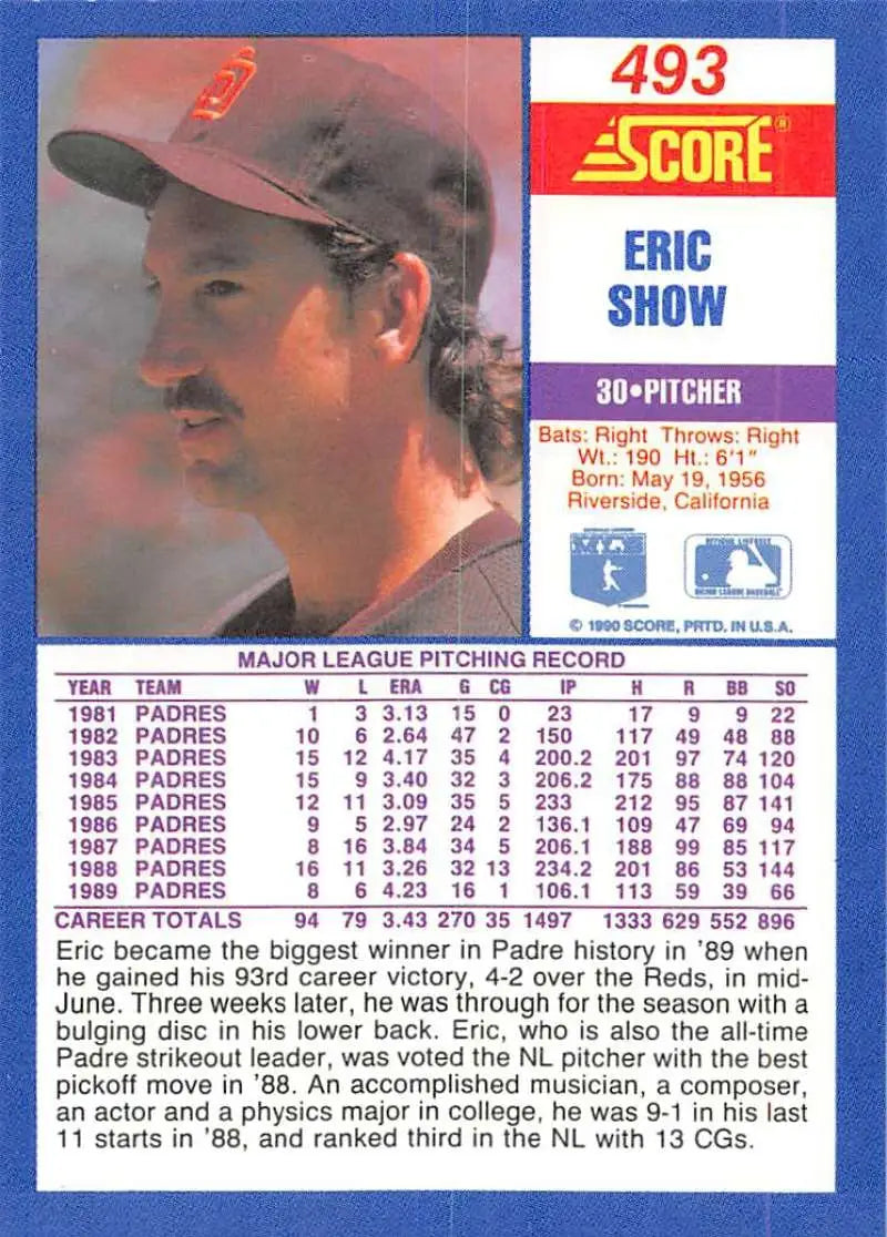 1990 Score #493 Eric Show EX Excellent San Diego Padres Baseball Card - Baseball Card Single