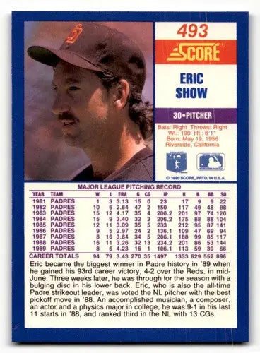 Original gloss 1990 Score Eric Show baseball card featuring Simply Sandoval sports cards