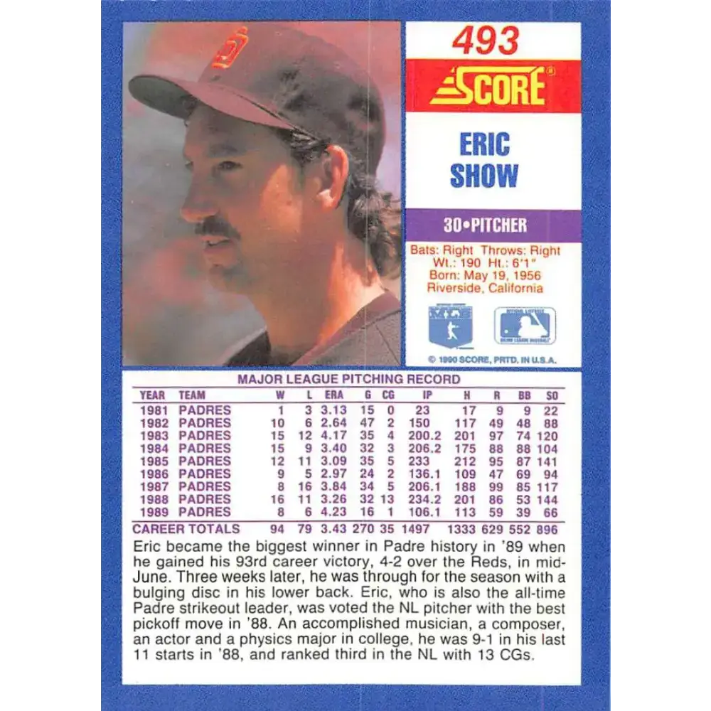 1990 Score #493 Eric Show NM-MT San Diego Padres Baseball Card - Baseball Card Single