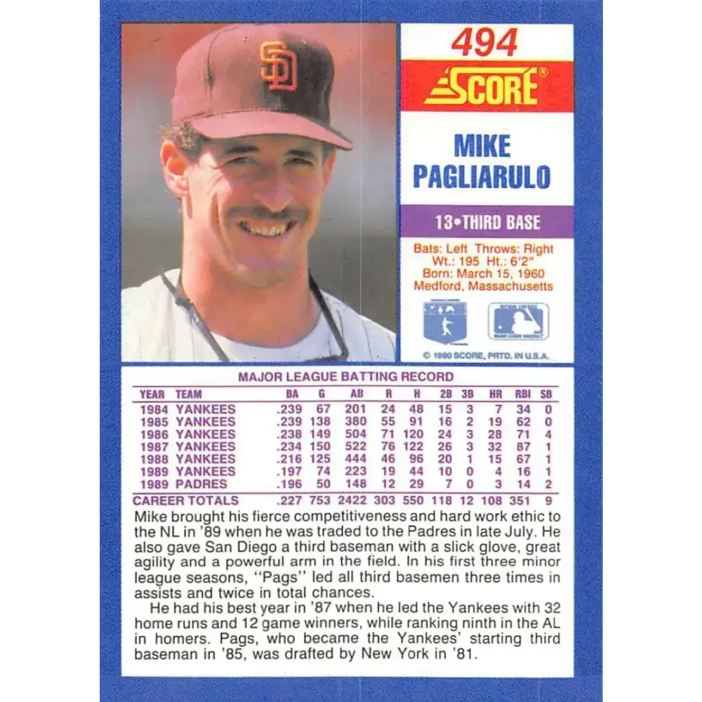 1990 Score #494 Mike Pagliarulo NM-MT San Diego Padres Baseball Card - Baseball Card Single