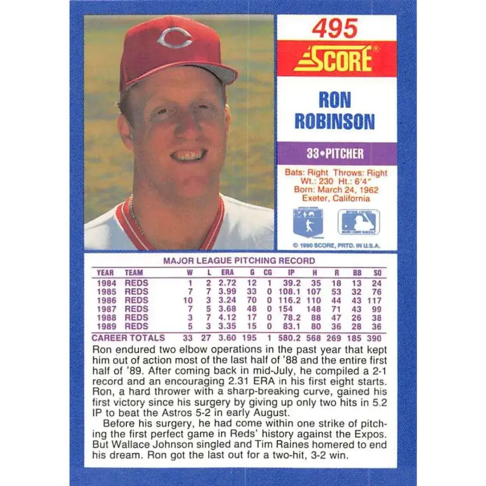 1990 Score #495 Ron Robinson NM-MT Cincinnati Reds Baseball Card - Baseball Card Single