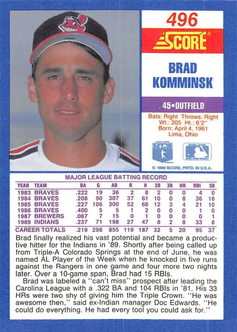 1990 Score #496 Brad Komminsk EX Excellent Cleveland Indians Baseball Card - Baseball Card Single