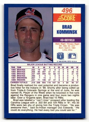 Original gloss Brad Komminsk baseball card from 1990 Score #496 featuring simply Sandoval