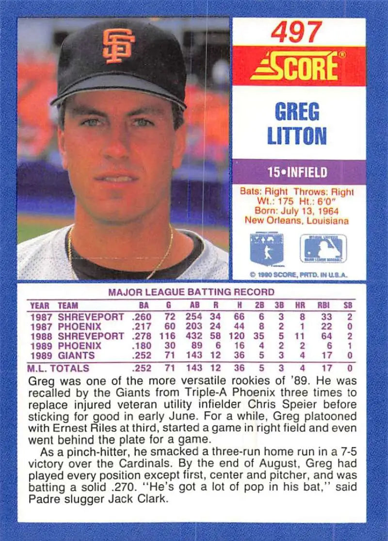 1990 Score #497 Greg Litton EX Excellent San Francisco Giants Baseball Card - Baseball Card Single