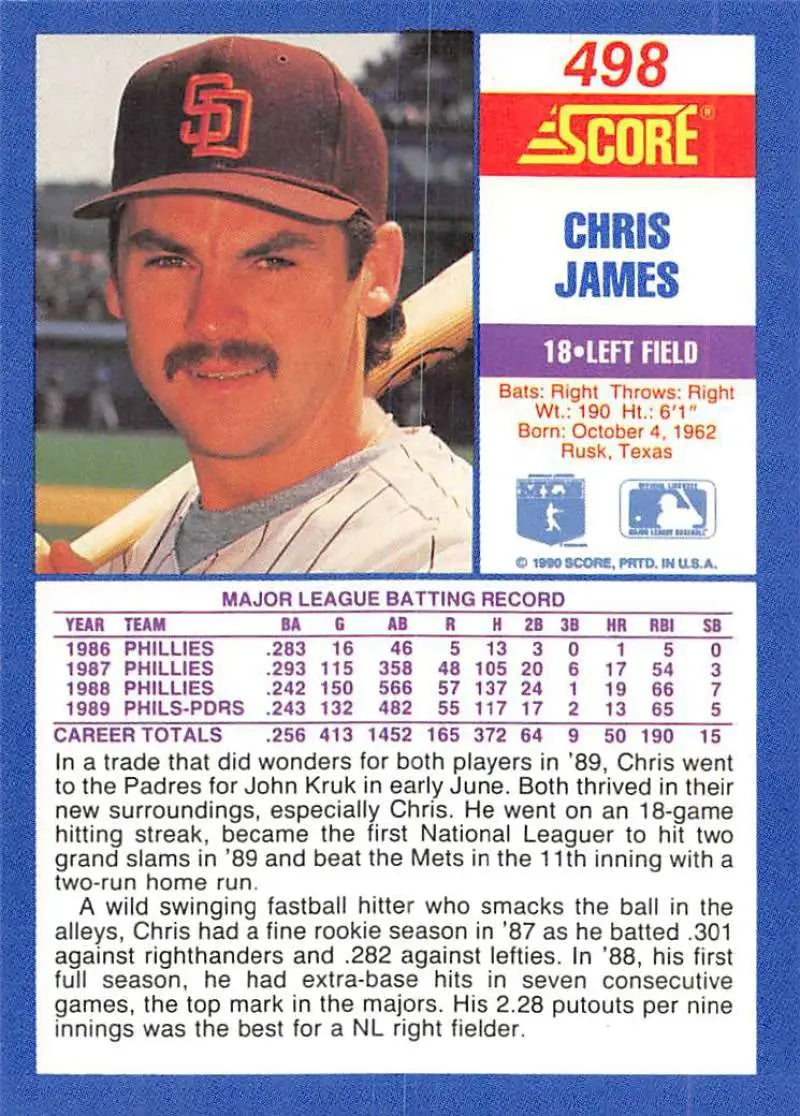 1990 Score #498 Chris James EX Excellent San Diego Padres Baseball Card - Baseball Card Single