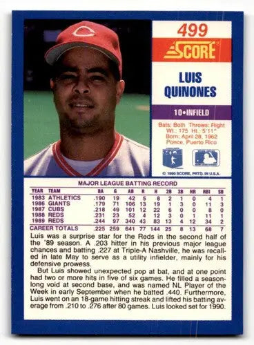 Original gloss Luis Quinones baseball card from 1990 Score #499 featuring Simply Sandoval