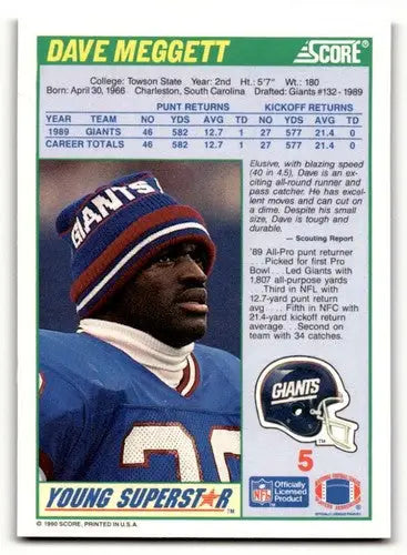 1990 Score Dave Meggett New York Giants football card with original gloss NH-MT