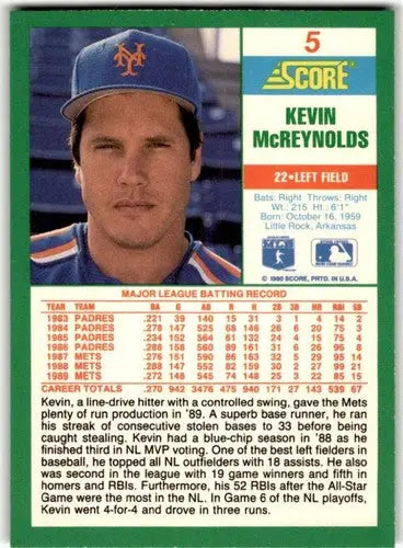 Original gloss Kevin McReynolds baseball card from 1990 Score #5 featuring Simply Sandoval