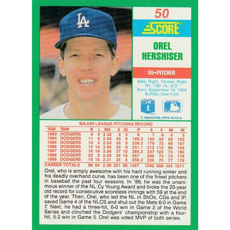 1990 Score #50 Orel Hershiser NM-MT Los Angeles Dodgers Baseball Card - Baseball Card Single