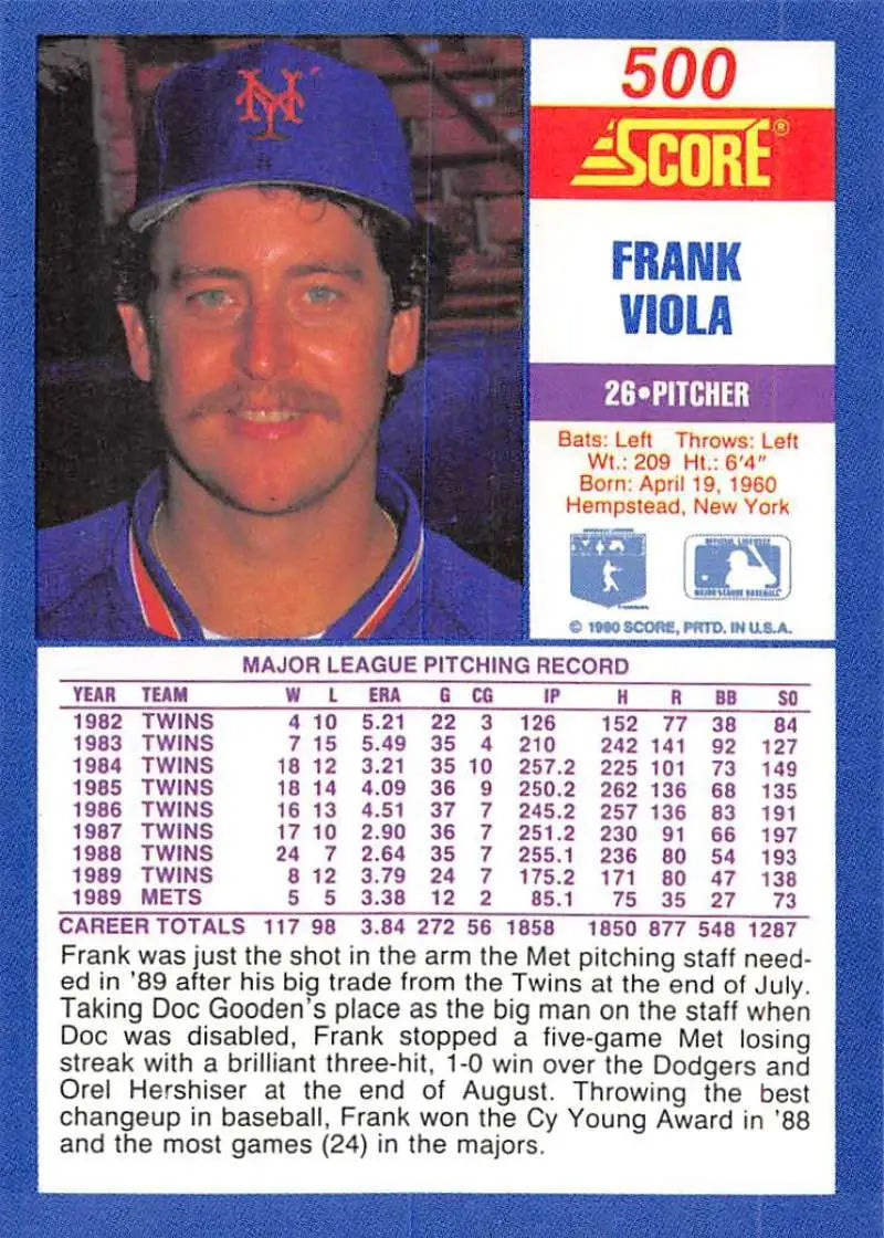 1990 Score #500 Frank Viola EX Excellent New York Mets Baseball Card - Baseball Card Single