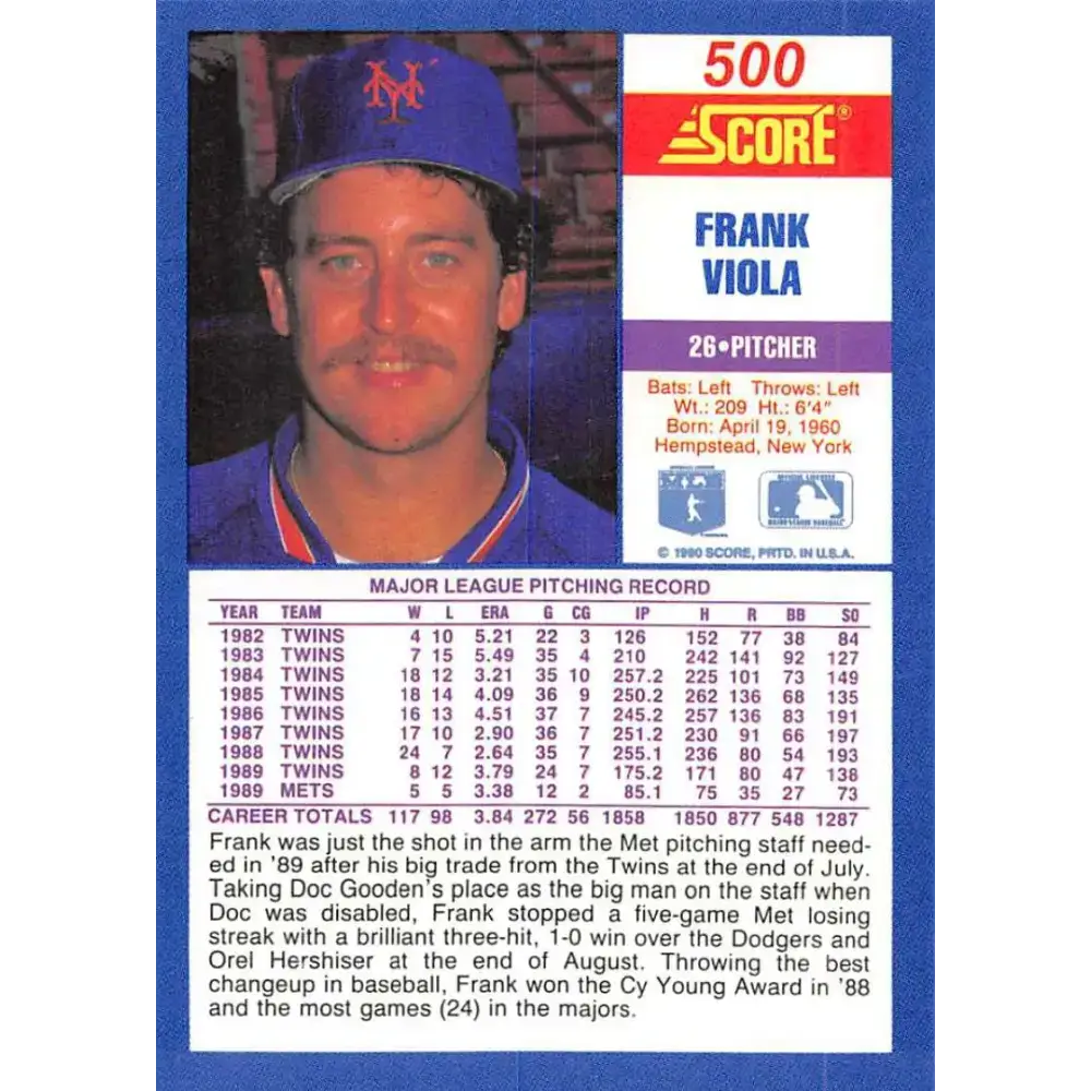 1990 Score #500 Frank Viola NM-MT New York Mets Baseball Card - Baseball Card Single