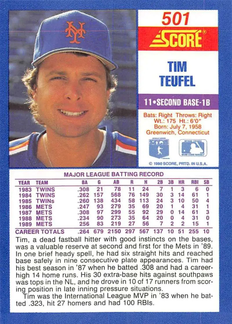 1990 Score #501 Tim Teufel EX Excellent New York Mets Baseball Card - Baseball Card Single