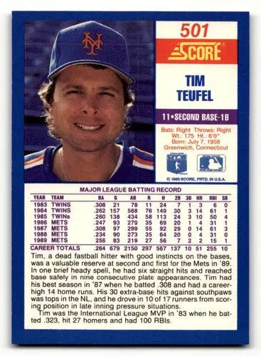Original gloss Tim Teufel baseball card from 1990 Score #501 featuring Simply Sandoval