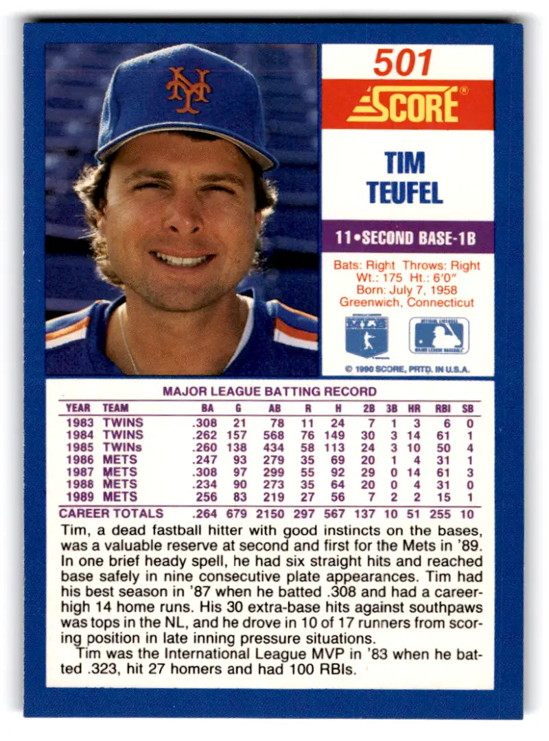 1990 Score #501 Tim Teufel NM-MT Mets UER ID:70044 - Baseball Card Single