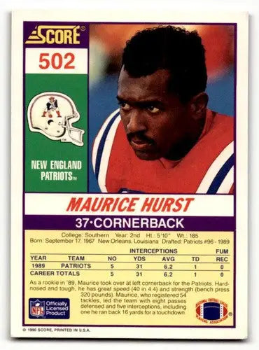 Maurice Hurst Patriots football card with original gloss from 1990 Score series