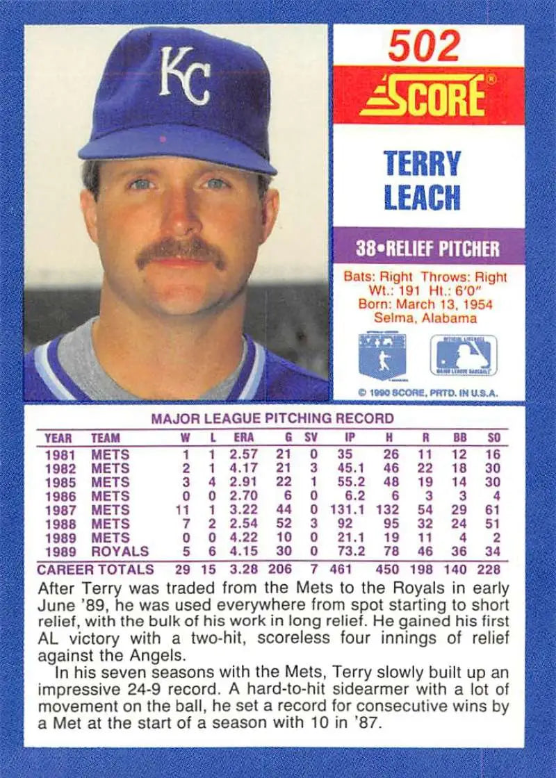1990 Score #502 Terry Leach EX Excellent Kansas City Royals Baseball Card - Baseball Card Single