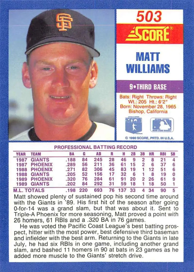 1990 Score #503 Matt Williams EX Excellent San Francisco Giants Baseball Card - Baseball Card Single