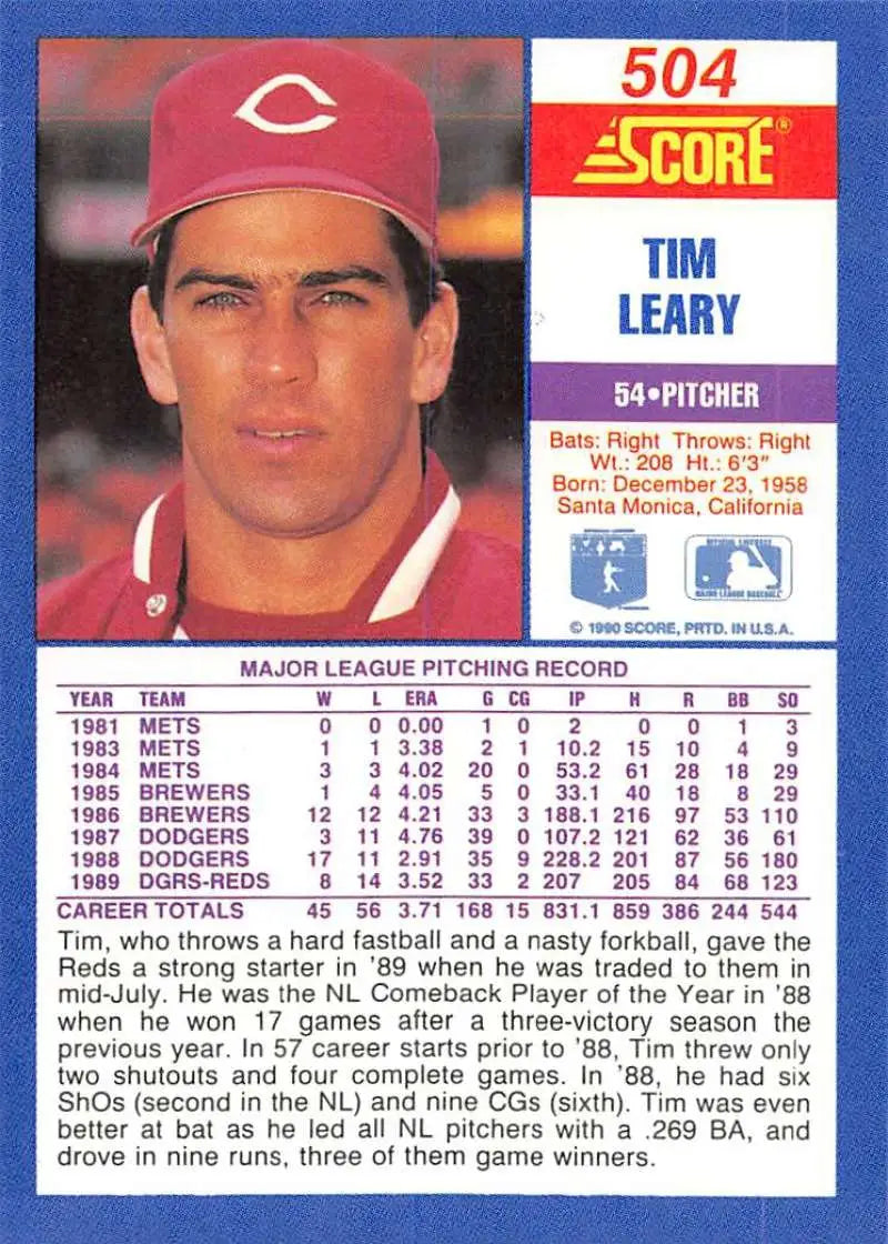 1990 Score #504 Tim Leary EX Excellent Cincinnati Reds Baseball Card - Baseball Card Single