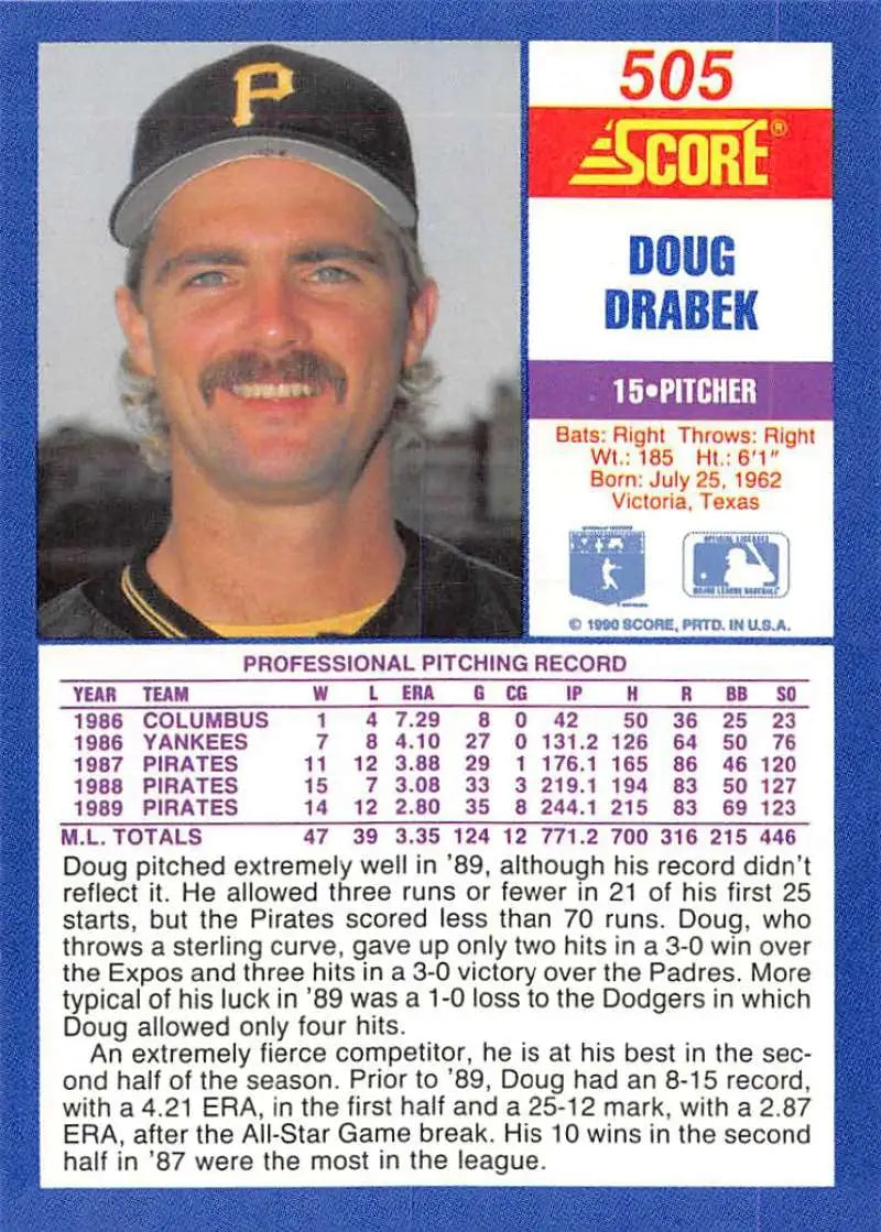 1990 Score #505 Doug Drabek EX Excellent Pittsburgh Pirates Baseball Card - Baseball Card Single