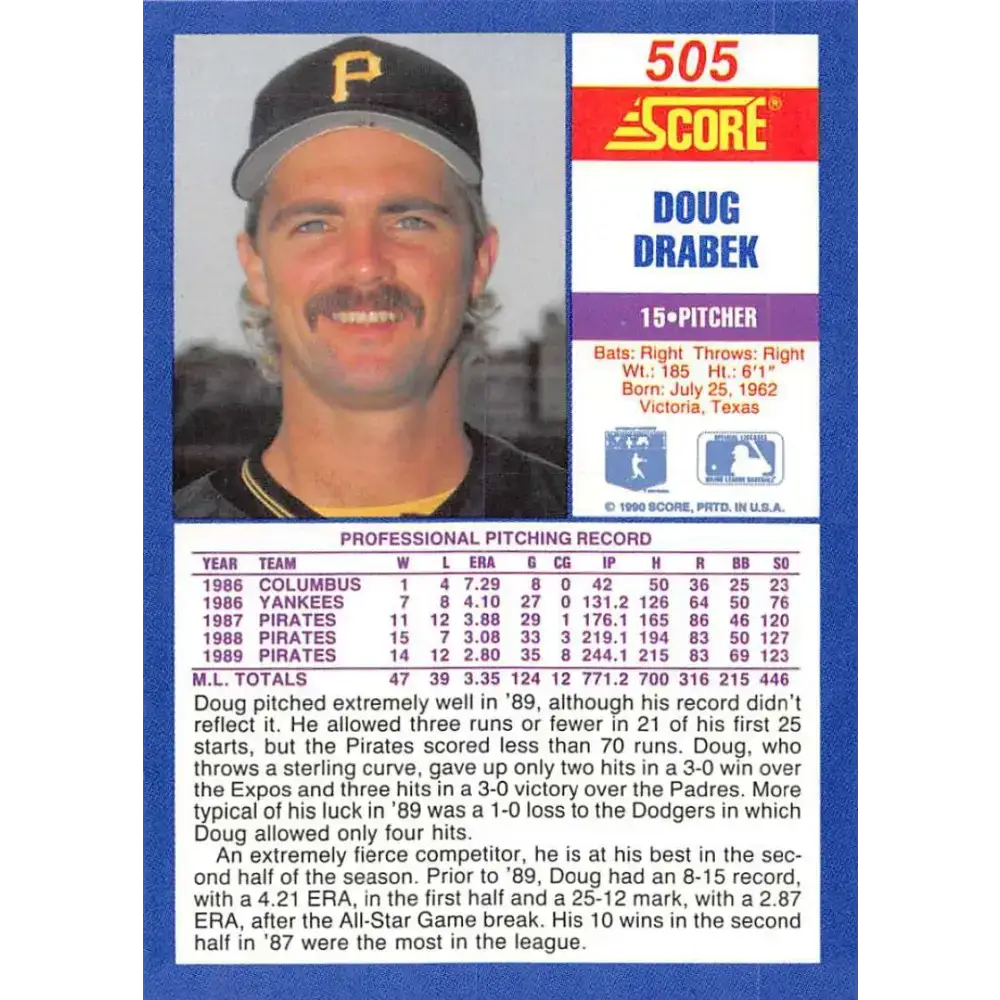 1990 Score #505 Doug Drabek NM-MT Pittsburgh Pirates Baseball Card - Baseball Card Single