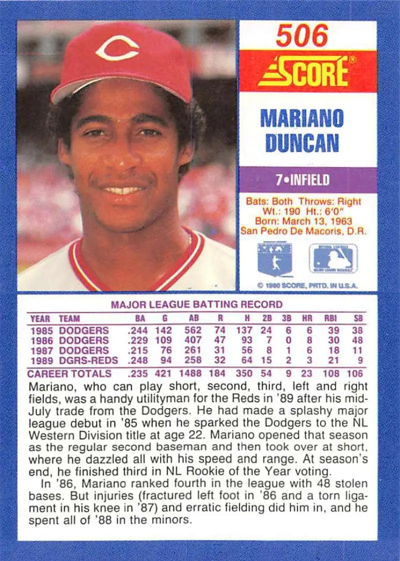 1990 Score #506 Mariano Duncan EX Excellent Cincinnati Reds Baseball Card - Baseball Card Single