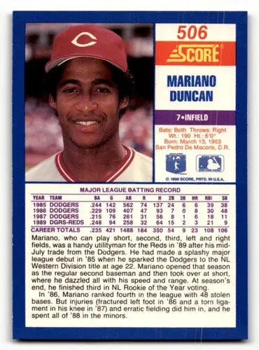 Original gloss Mariano Duncan baseball card from 1990 Score #506 featuring Mariano Duncan and Simply Sandoval
