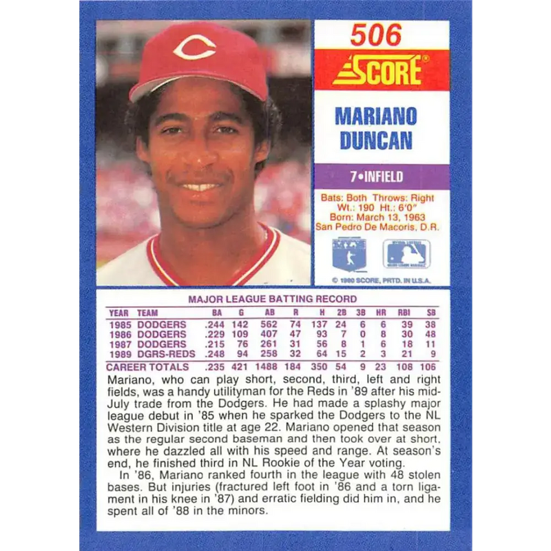 1990 Score #506 Mariano Duncan NM-MT Cincinnati Reds Baseball Card - Baseball Card Single
