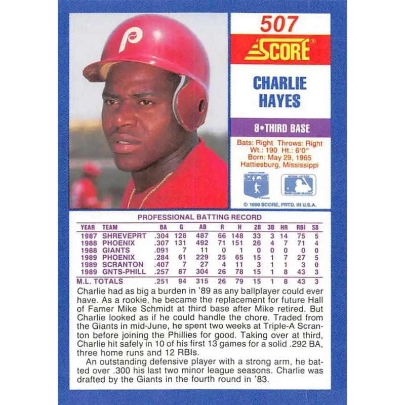 1990 Score #507 Charlie Hayes NM-MT Philadelphia Phillies Baseball Card - Baseball Card Single
