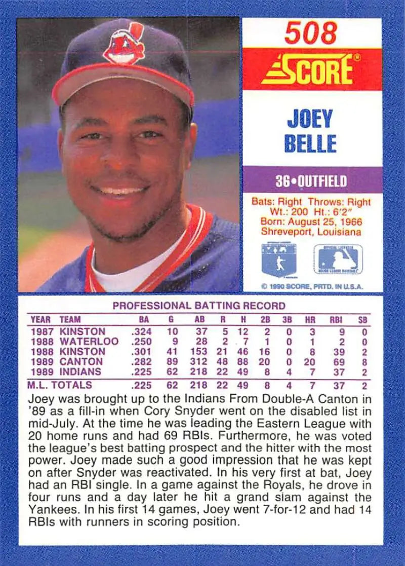 1990 Score #508 Albert Belle EX Excellent Cleveland Indians Baseball Card - Baseball Card Single