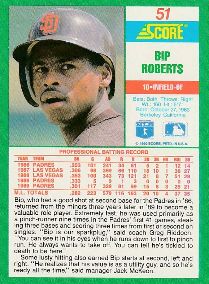1990 Score #51 Bip Roberts EX Excellent San Diego Padres Baseball Card - Baseball Card Single