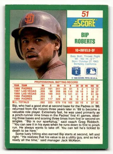 1990 Score #51 Bip Roberts San Diego Padres Baseball Cards EX/NM ID:55203 - Baseball Card Single