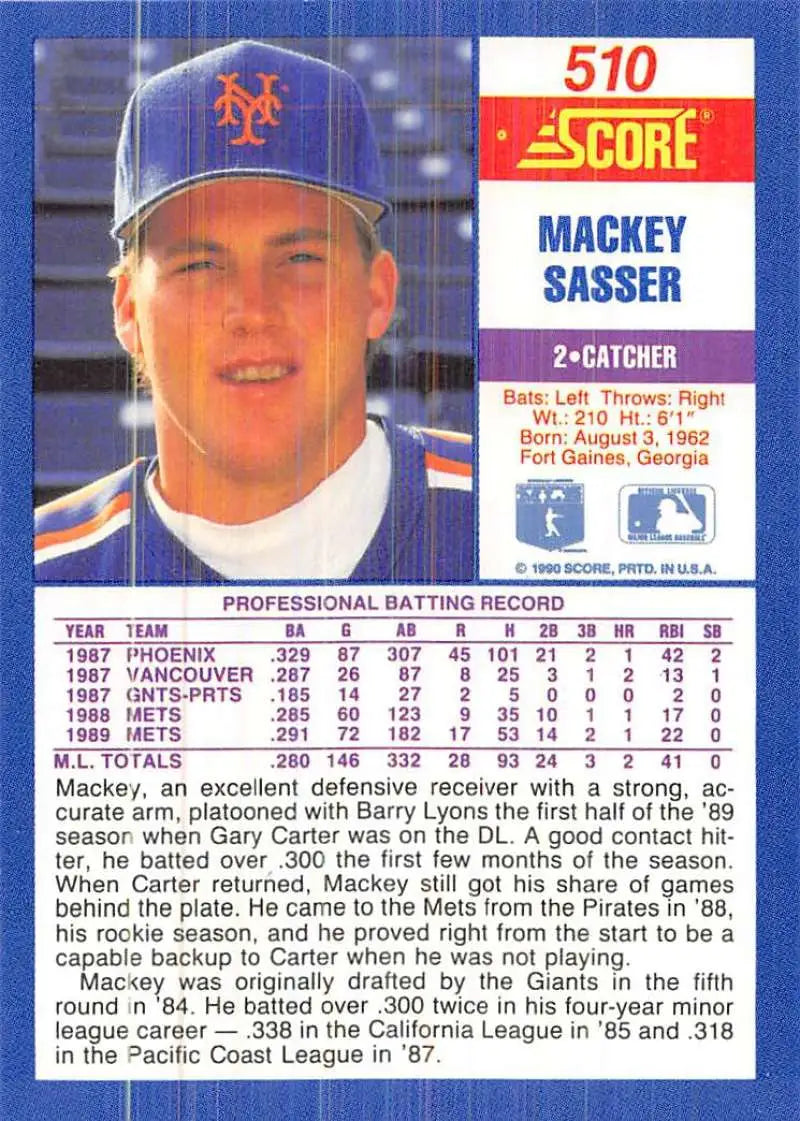 1990 Score #510 Mackey Sasser EX Excellent New York Mets Baseball Card - Baseball Card Single