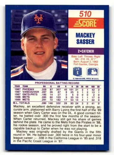 Mackey Sasser baseball card from 1990 Score #510 with original gloss, collectible item