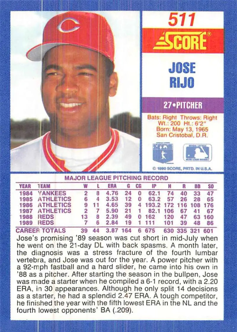 1990 Score #511 Jose Rijo EX Excellent Cincinnati Reds Baseball Card - Baseball Card Single