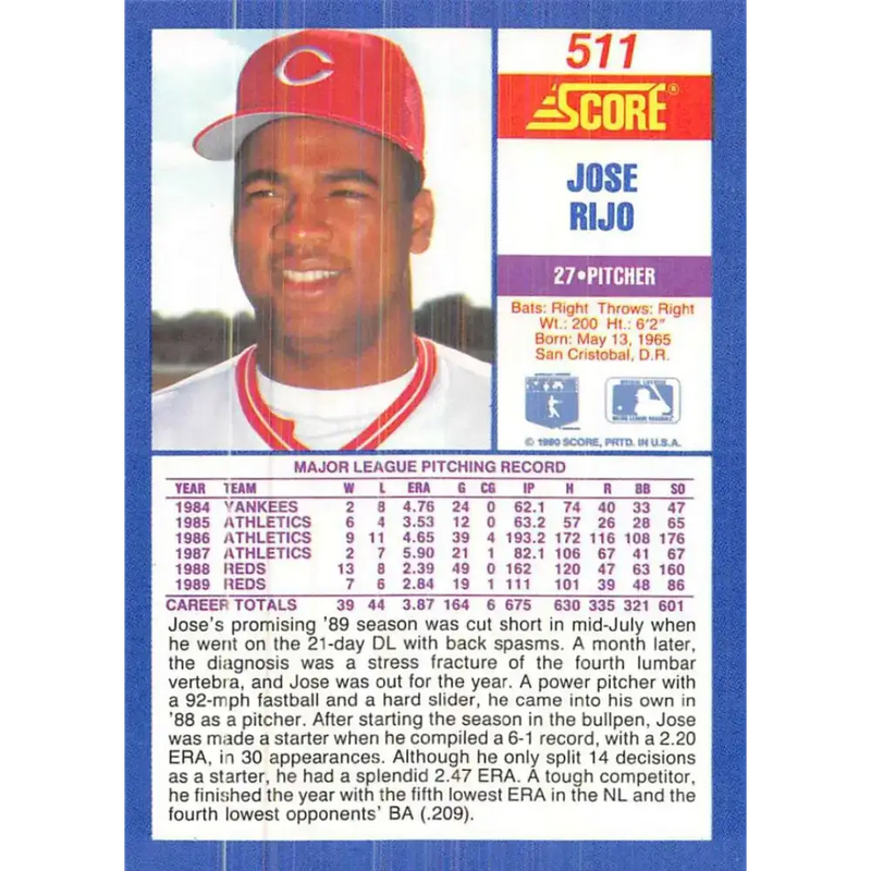 1990 Score #511 Jose Rijo NM-MT Cincinnati Reds Baseball Card - Baseball Card Single